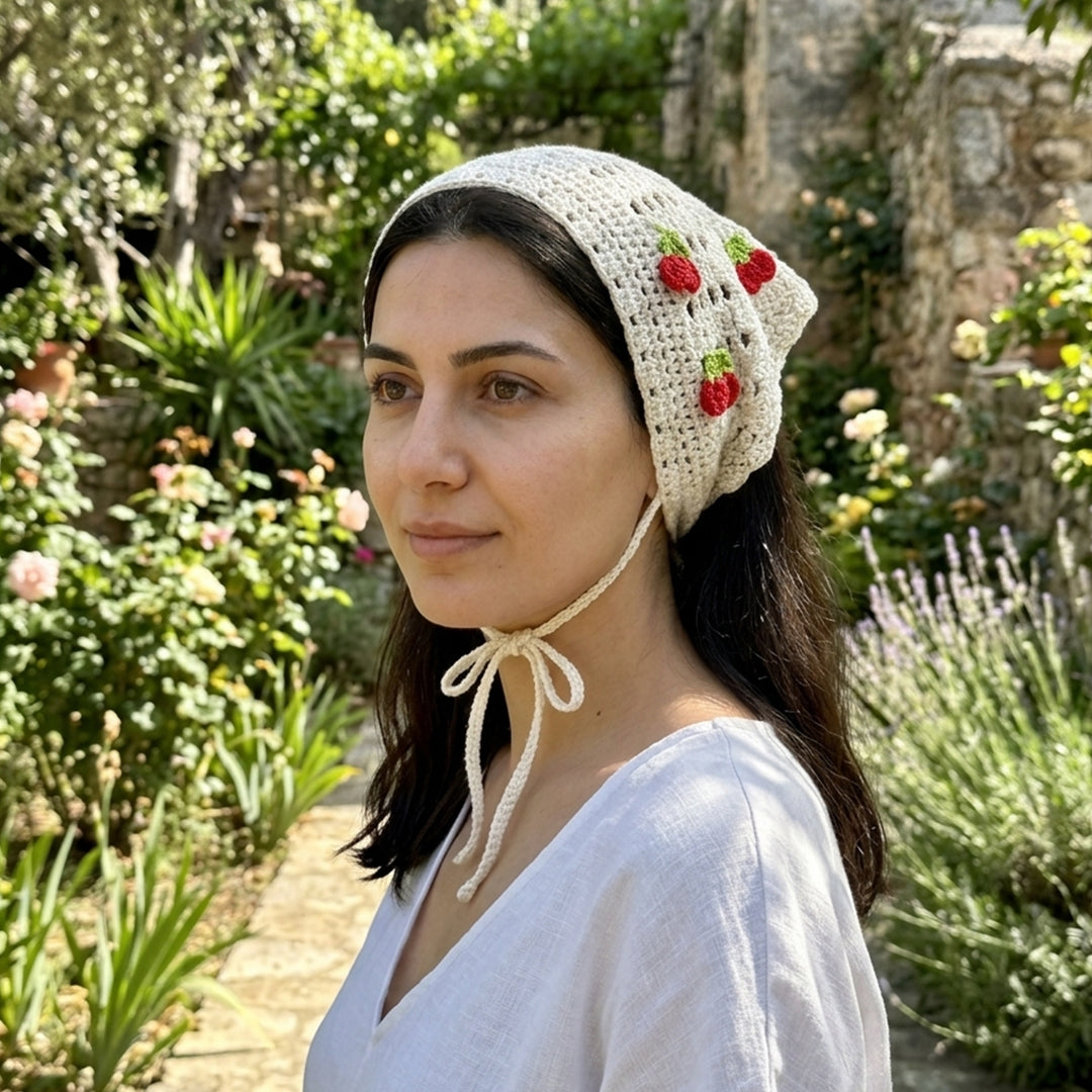 Kirazlı Örgü Bandana | Medalyon Desenli - B025