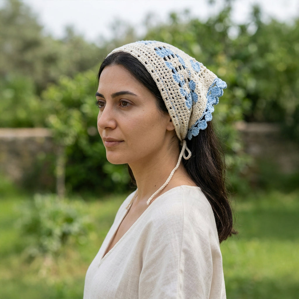 Kalpli Fileli El Örgüsü Bandana – Yazlık Saç Aksesuarı