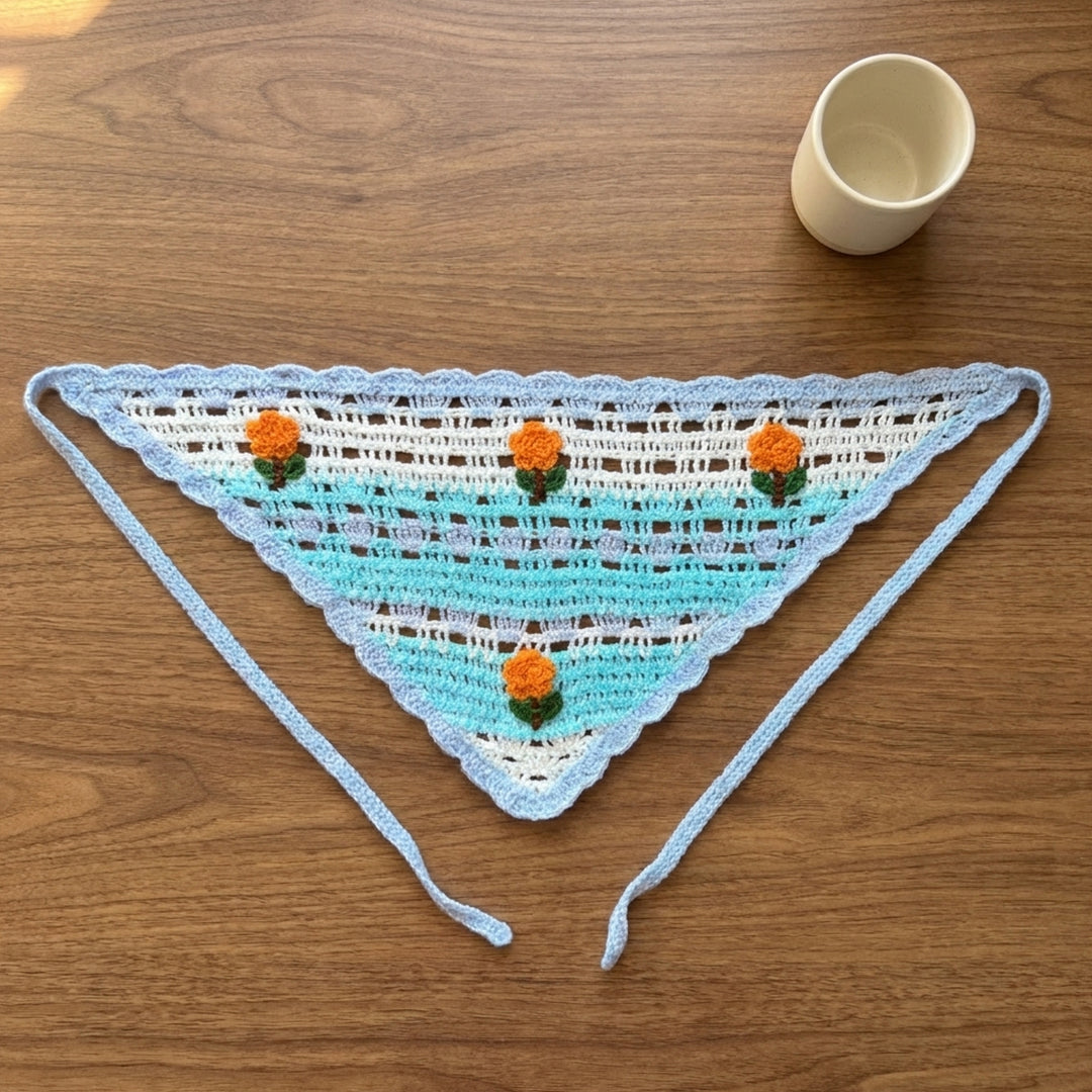Geleneksel Ekose Örgü Bandana | Gül Motifli - B019