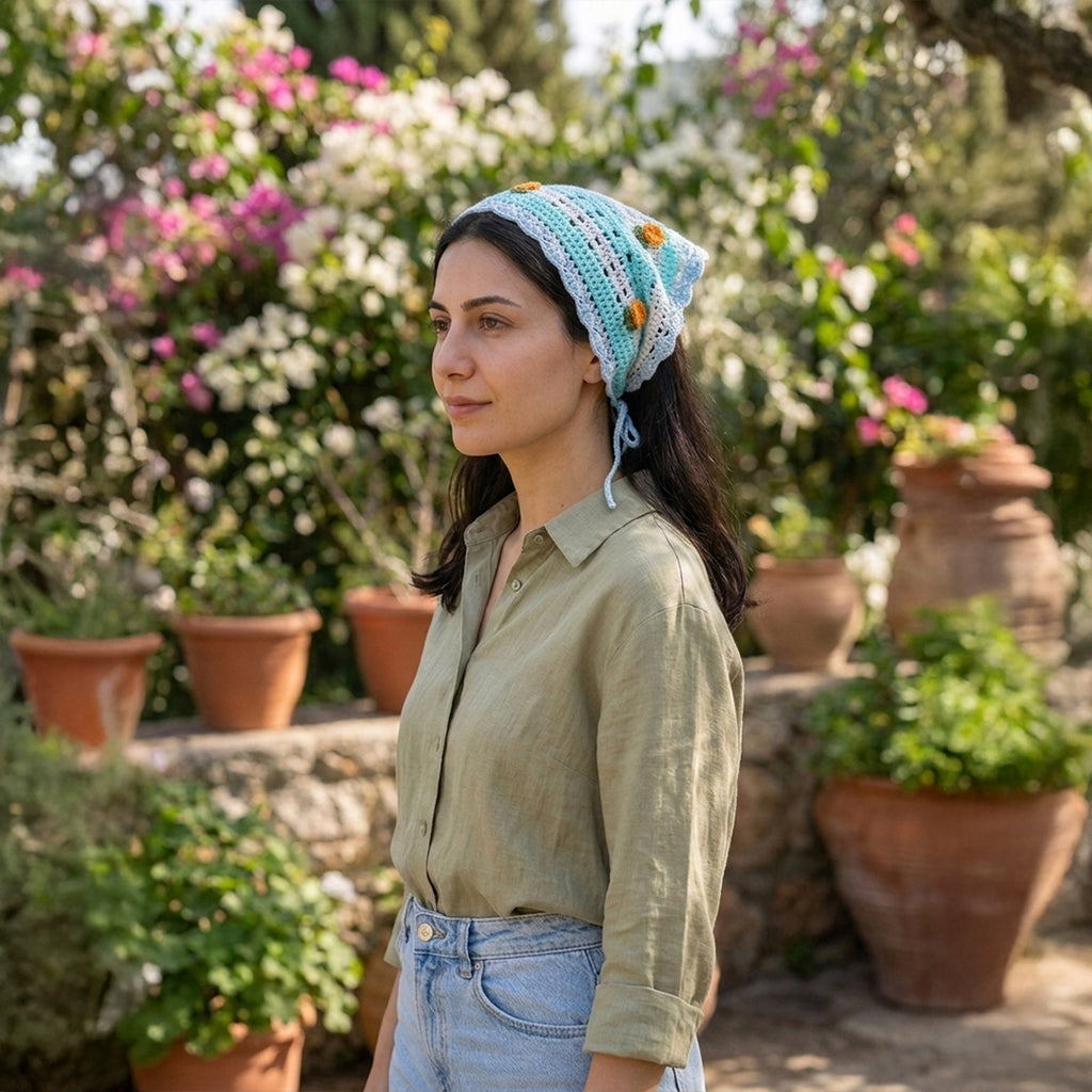 Geleneksel Ekose Örgü Bandana | Gül Motifli - B019