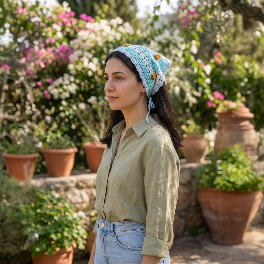 Geleneksel Ekose Örgü Bandana | Gül Motifli - B019