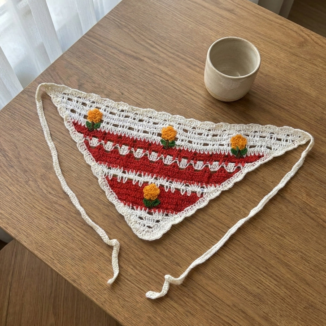 Geleneksel Ekose Örgü Bandana | Gül Motifli - B019