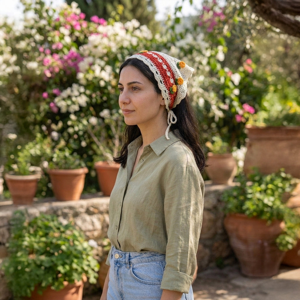 Geleneksel Ekose Örgü Bandana | Gül Motifli - B019