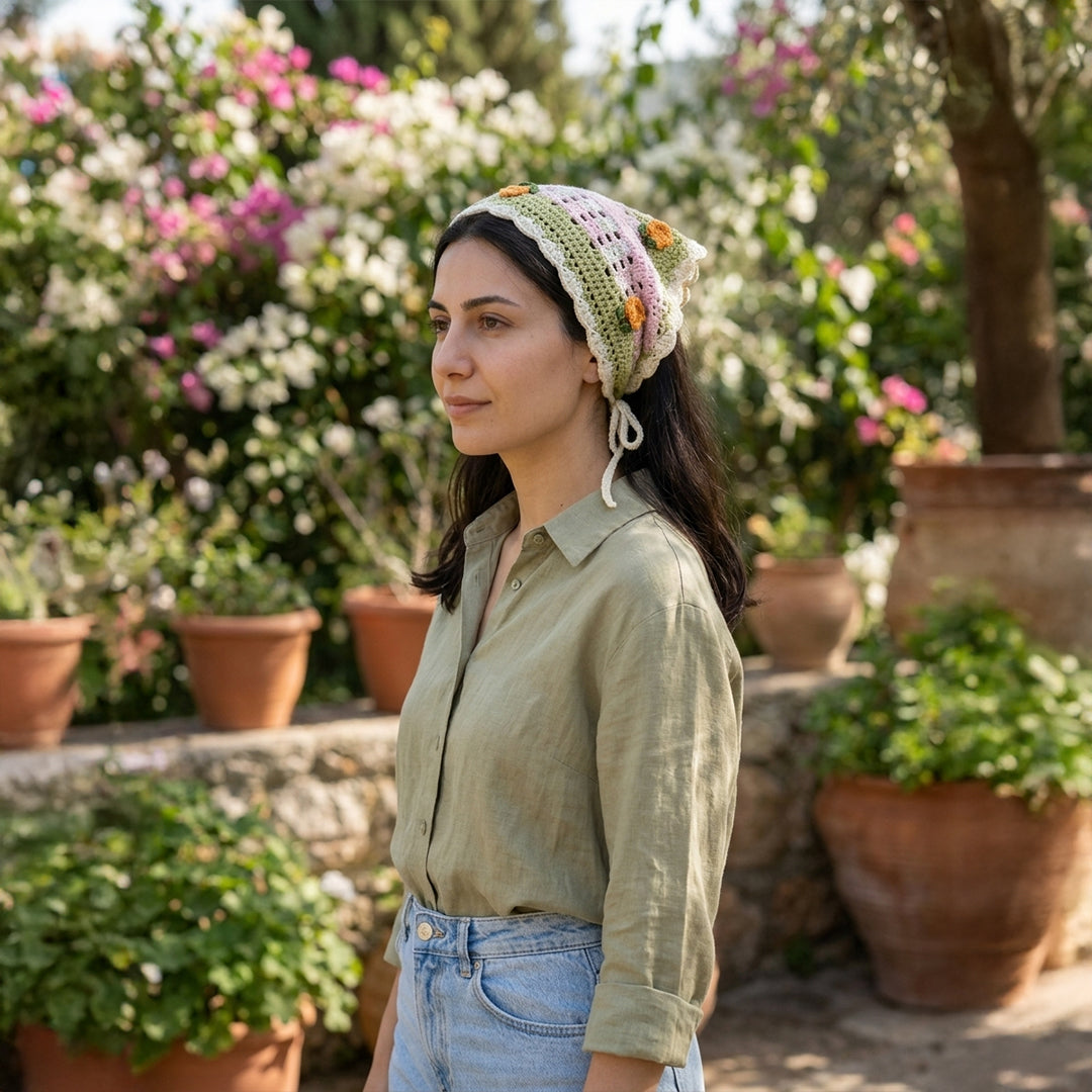 Geleneksel Ekose Örgü Bandana | Gül Motifli - B019