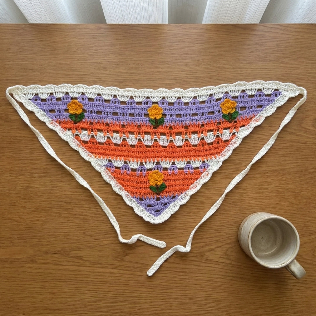 Geleneksel Ekose Örgü Bandana | Gül Motifli - B019