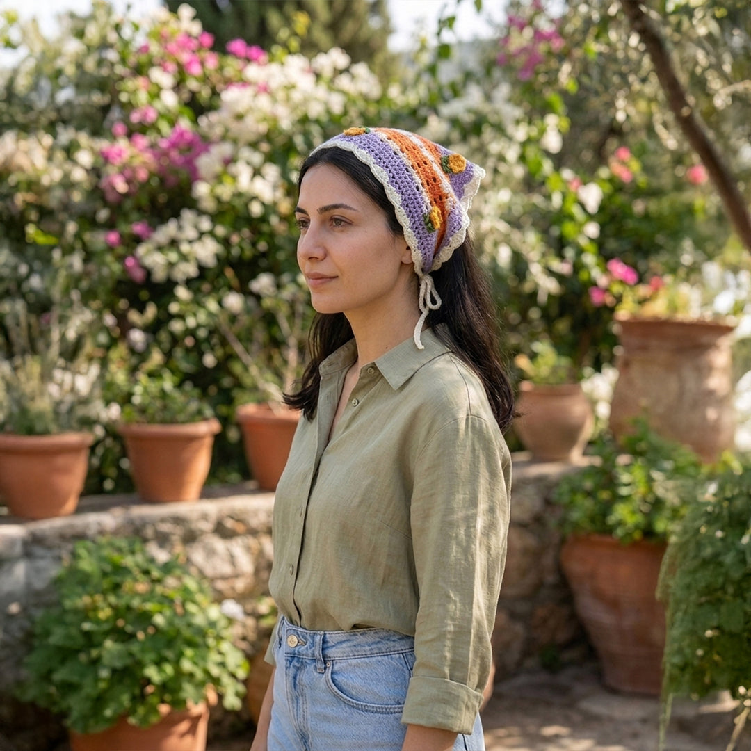 Geleneksel Ekose Örgü Bandana | Gül Motifli - B019