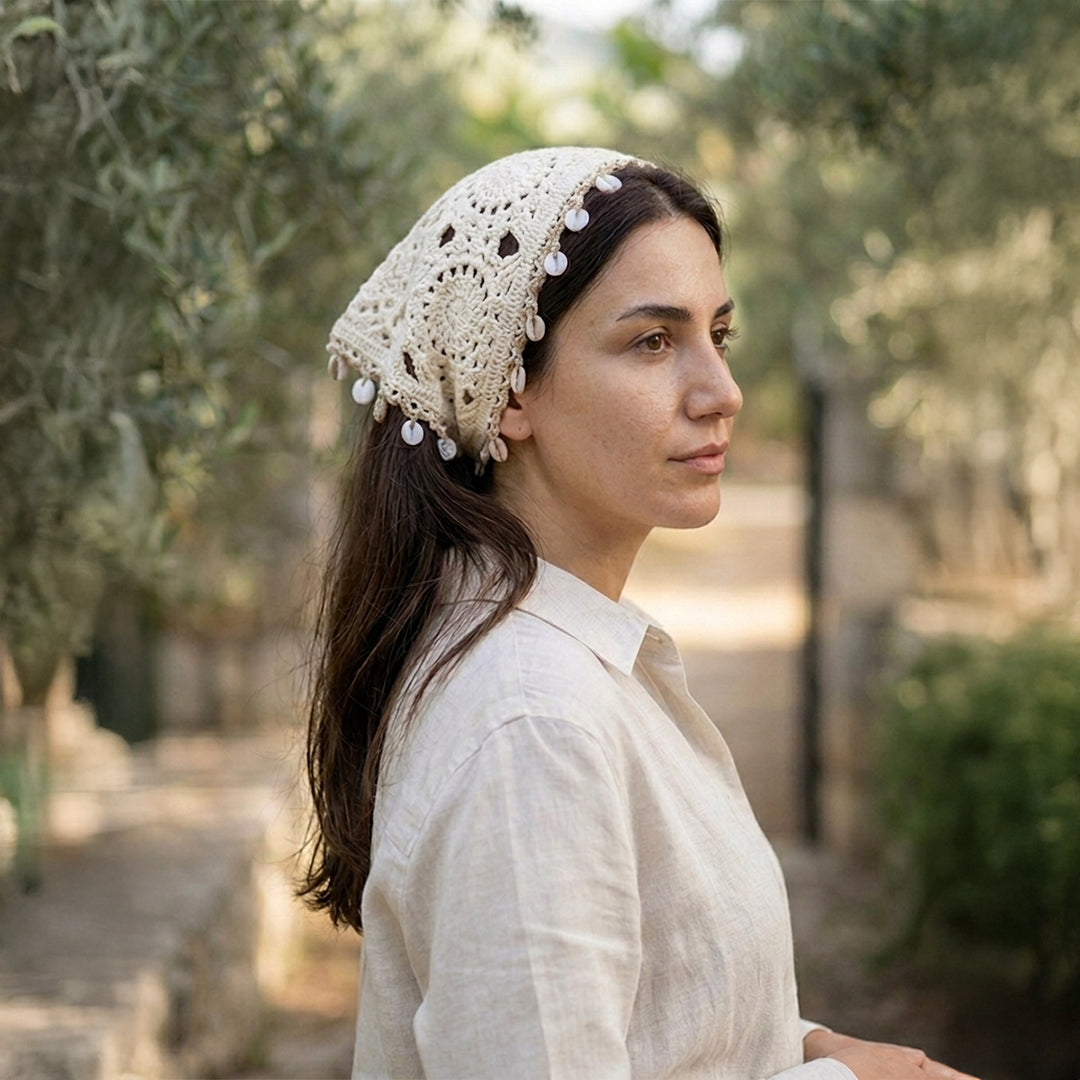 Deniz Kabuğu Detaylı Örgü Bandana Bohem Stili