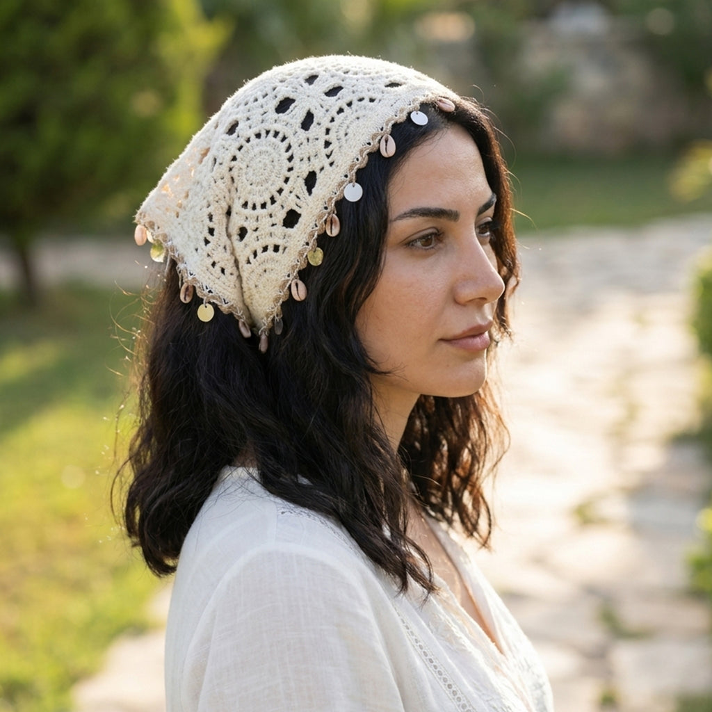 Deniz Kabuğu Detaylı Örgü Bandana Bohem Stili